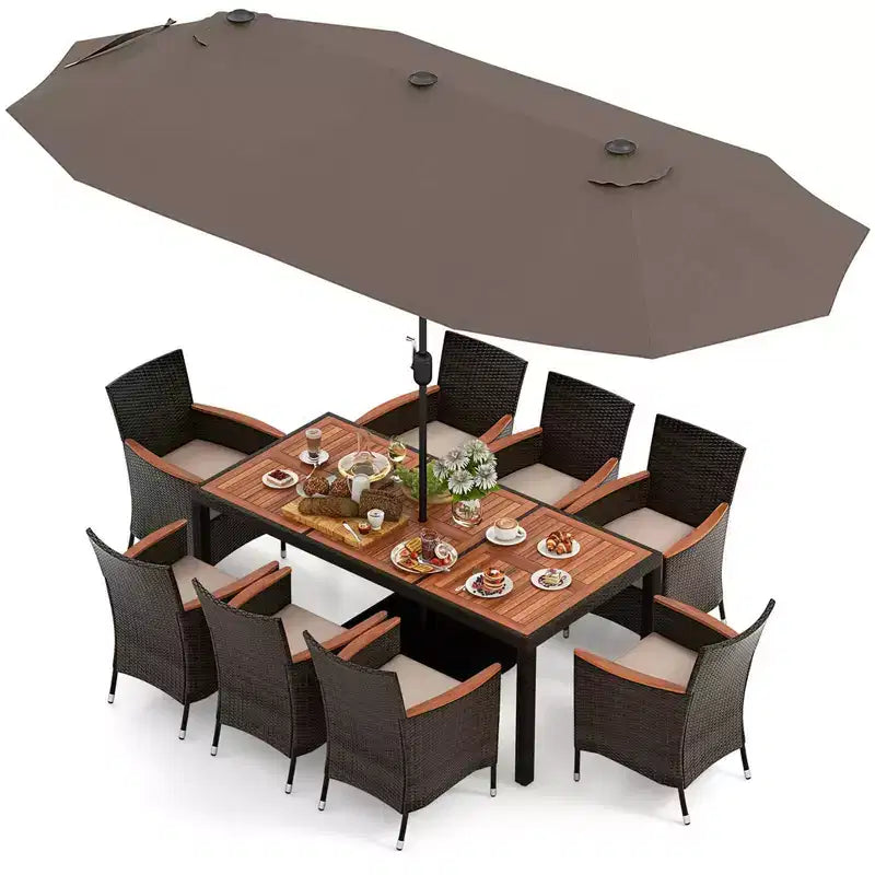 Costway 11 PCS Patio Dining Set with 15ft Double-Sided Patio Umbrella (Base Included) Beige/Coffee/Navy/Orange/Wine/Grey
