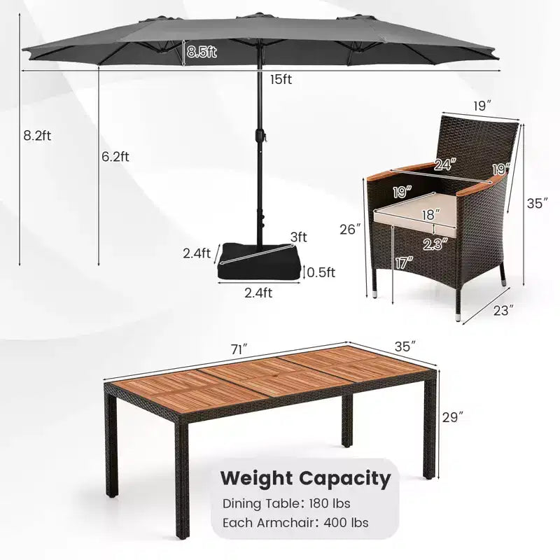 Costway 11 PCS Patio Dining Set with 15ft Double-Sided Patio Umbrella (Base Included) Beige/Coffee/Navy/Orange/Wine/Grey