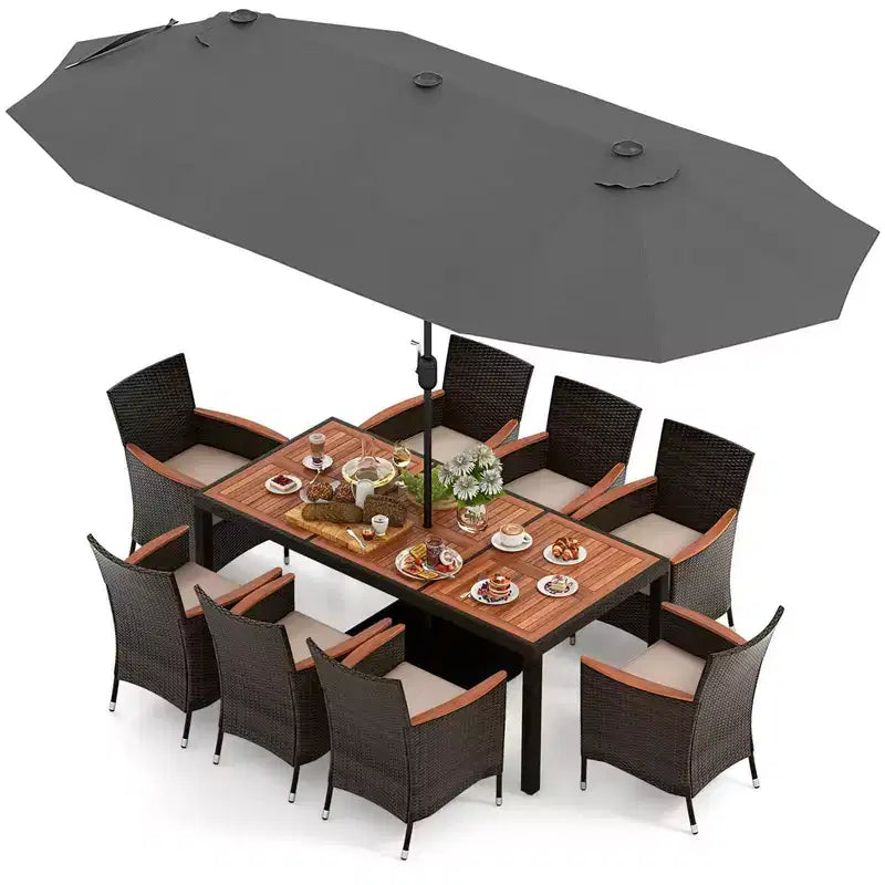 Costway 11 PCS Patio Dining Set with 15ft Double-Sided Patio Umbrella (Base Included) Beige/Coffee/Navy/Orange/Wine/Grey
