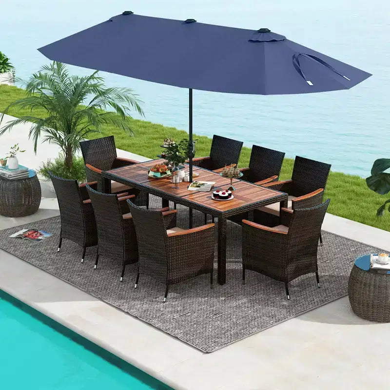 Costway 11 PCS Patio Dining Set with 15ft Double-Sided Patio Umbrella (Base Included) Beige/Coffee/Navy/Orange/Wine/Grey