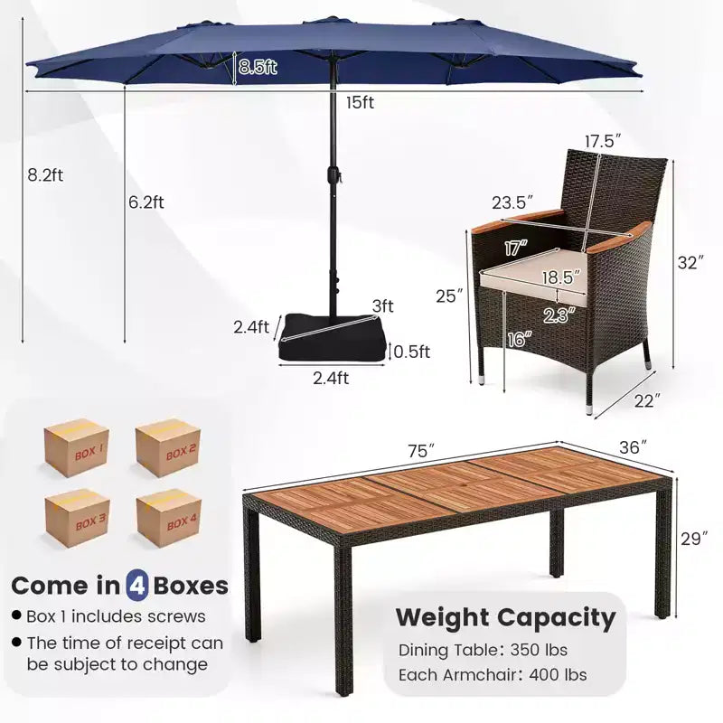 Costway 11 PCS Patio Dining Set with 15ft Double-Sided Patio Umbrella (Base Included) Beige/Coffee/Navy/Orange/Wine/Grey