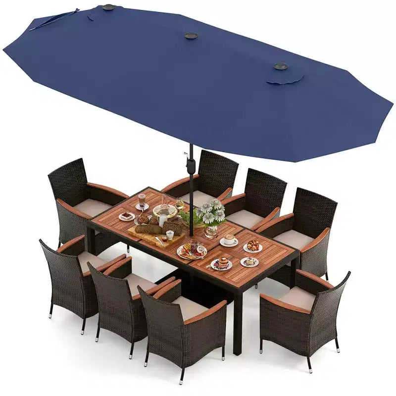Costway 11 PCS Patio Dining Set with 15ft Double-Sided Patio Umbrella (Base Included) Beige/Coffee/Navy/Orange/Wine/Grey