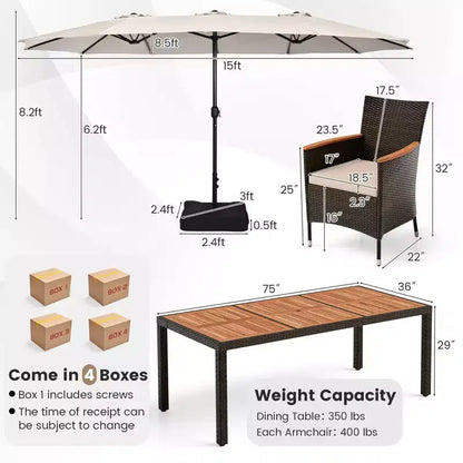Costway 11 PCS Patio Dining Set with 15ft Double-Sided Patio Umbrella (Base Included) Beige/Coffee/Navy/Orange/Wine/Grey