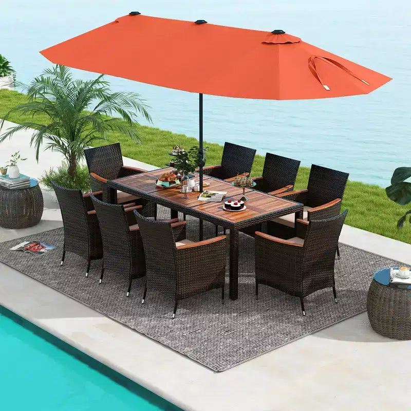 Costway 11 PCS Patio Dining Set with 15ft Double-Sided Patio Umbrella (Base Included) Beige/Coffee/Navy/Orange/Wine/Grey
