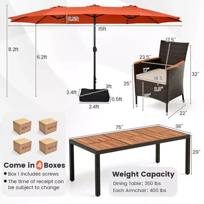 Costway 11 PCS Patio Dining Set with 15ft Double-Sided Patio Umbrella (Base Included) Beige/Coffee/Navy/Orange/Wine/Grey