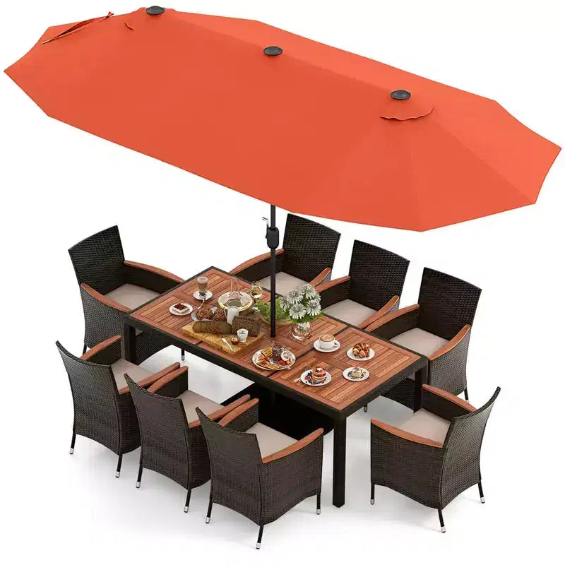 Costway 11 PCS Patio Dining Set with 15ft Double-Sided Patio Umbrella (Base Included) Beige/Coffee/Navy/Orange/Wine/Grey