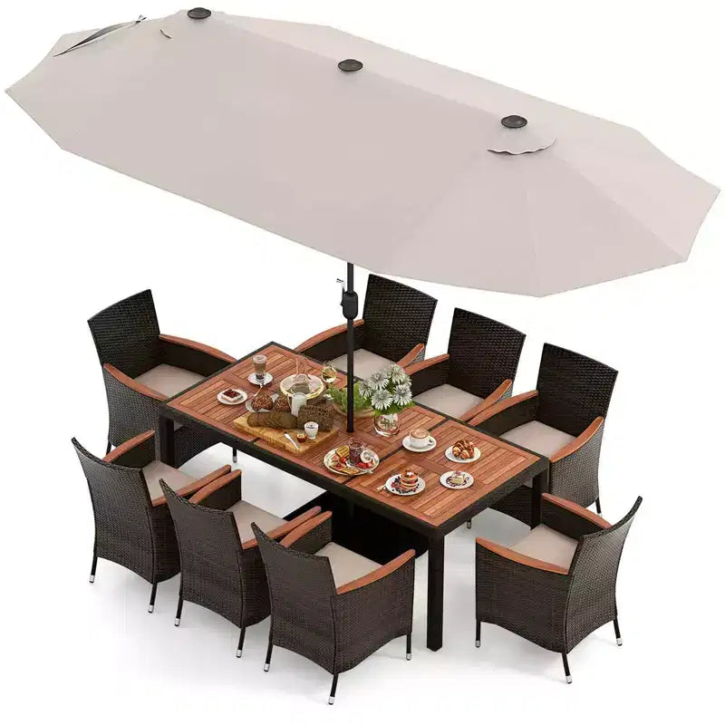 Costway 11 PCS Patio Dining Set with 15ft Double-Sided Patio Umbrella (Base Included) Beige/Coffee/Navy/Orange/Wine/Grey