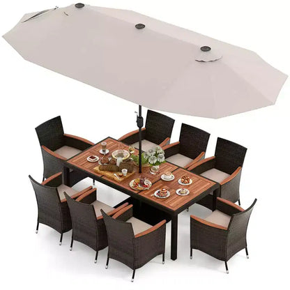 Costway 11 PCS Patio Dining Set with 15ft Double-Sided Patio Umbrella (Base Included) Beige/Coffee/Navy/Orange/Wine/Grey