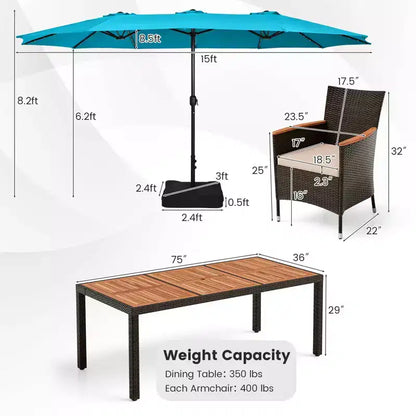 Costway 11 PCS Patio Dining Set with 15ft Double-Sided Patio Umbrella (Base Included) Beige/Coffee/Navy/Orange/Wine/Grey
