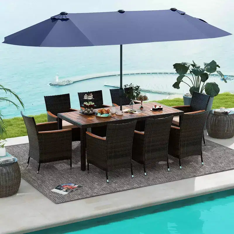 Costway 11 PCS Patio Dining Set with 15ft Double-Sided Patio Umbrella (Base Included) Beige/Coffee/Navy/Orange/Wine/Grey