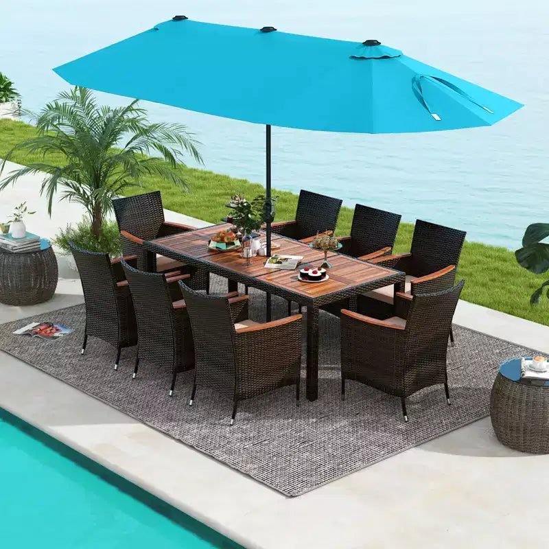 Costway 11 PCS Patio Dining Set with 15ft Double-Sided Patio Umbrella (Base Included) Beige/Coffee/Navy/Orange/Wine/Grey