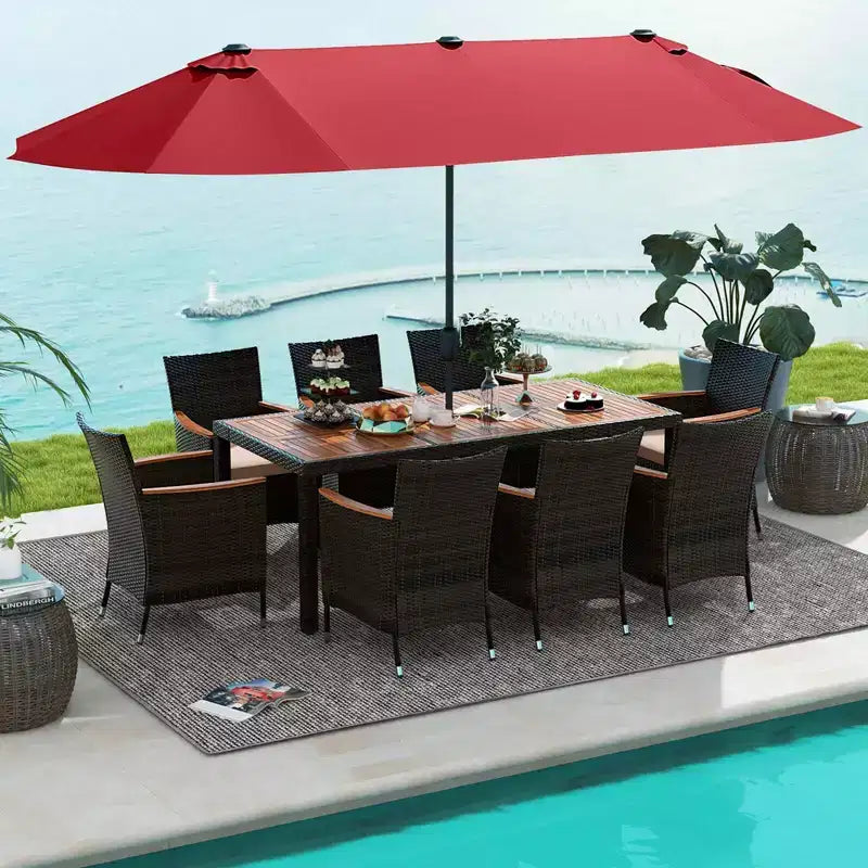 Costway 11 PCS Patio Dining Set with 15ft Double-Sided Patio Umbrella (Base Included) Beige/Coffee/Navy/Orange/Wine/Grey
