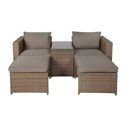 Emma and Oliver Indoor/Outdoor Modular Loveseat Sofa Set with Ottomans and Glass-Top Table