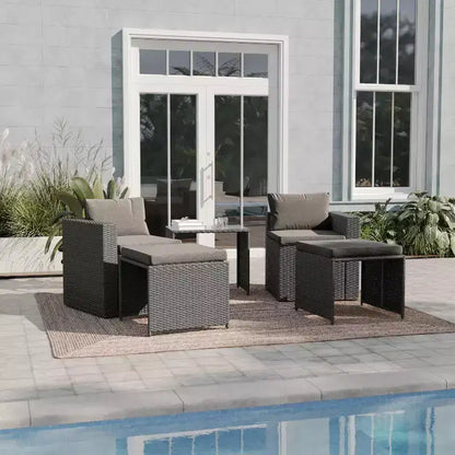 Emma and Oliver Indoor/Outdoor Modular Loveseat Sofa Set with Ottomans and Glass-Top Table