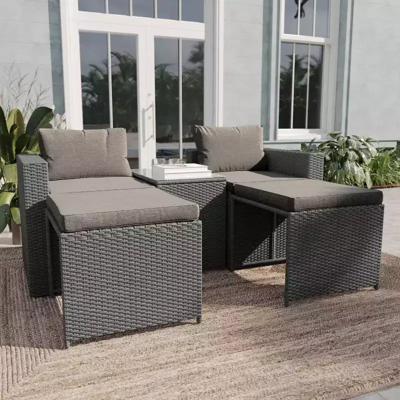 Emma and Oliver Indoor/Outdoor Modular Loveseat Sofa Set with Ottomans and Glass-Top Table