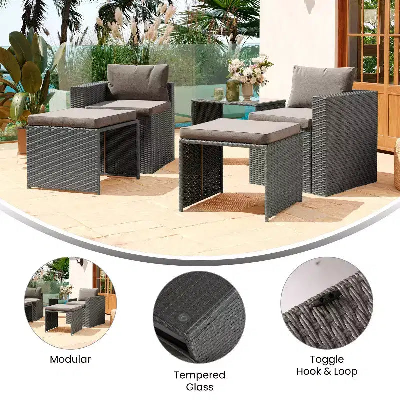Emma and Oliver Indoor/Outdoor Modular Loveseat Sofa Set with Ottomans and Glass-Top Table