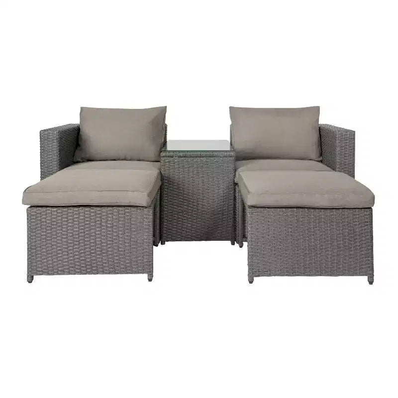 Emma and Oliver Indoor/Outdoor Modular Loveseat Sofa Set with Ottomans and Glass-Top Table