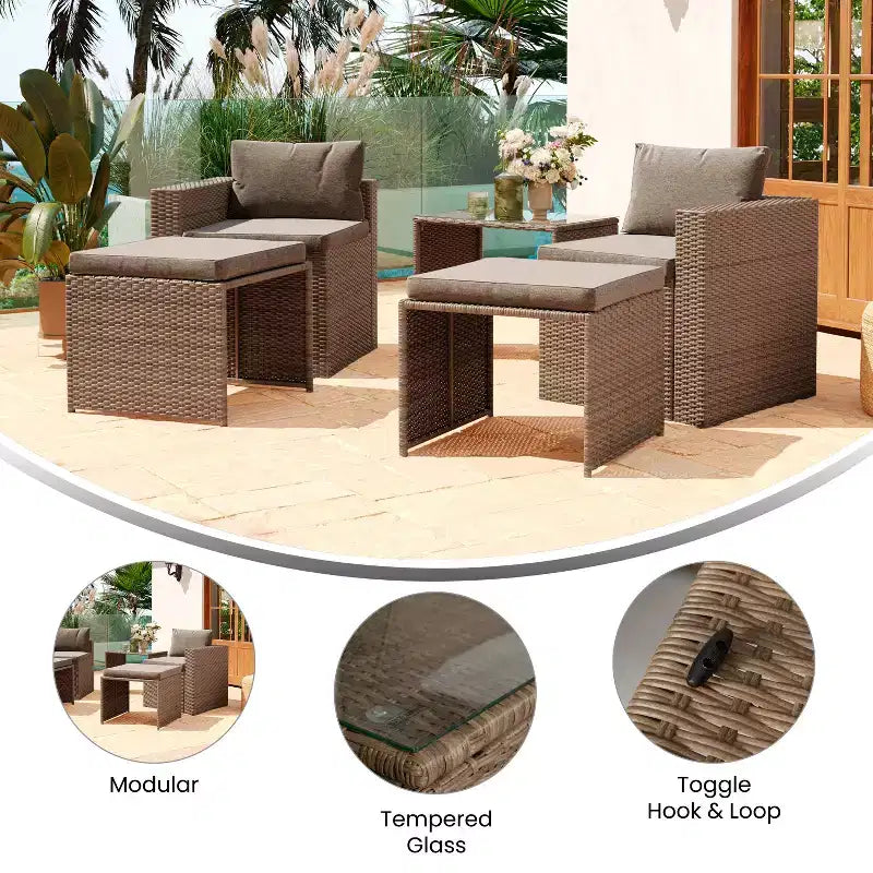 Emma and Oliver Indoor/Outdoor Modular Loveseat Sofa Set with Ottomans and Glass-Top Table