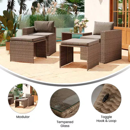 Emma and Oliver Indoor/Outdoor Modular Loveseat Sofa Set with Ottomans and Glass-Top Table