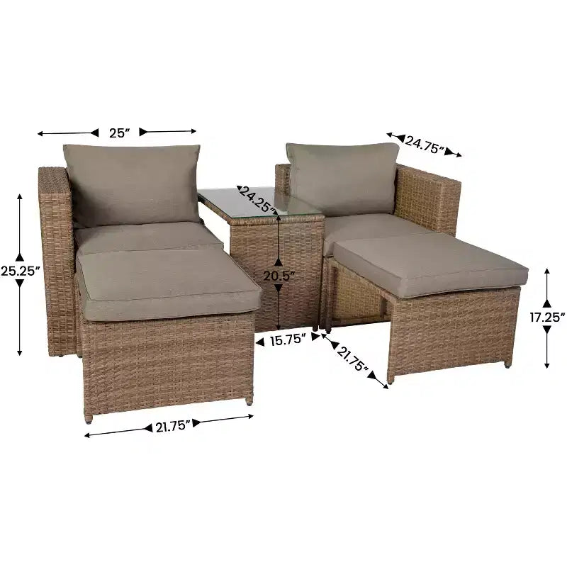 Emma and Oliver Indoor/Outdoor Modular Loveseat Sofa Set with Ottomans and Glass-Top Table
