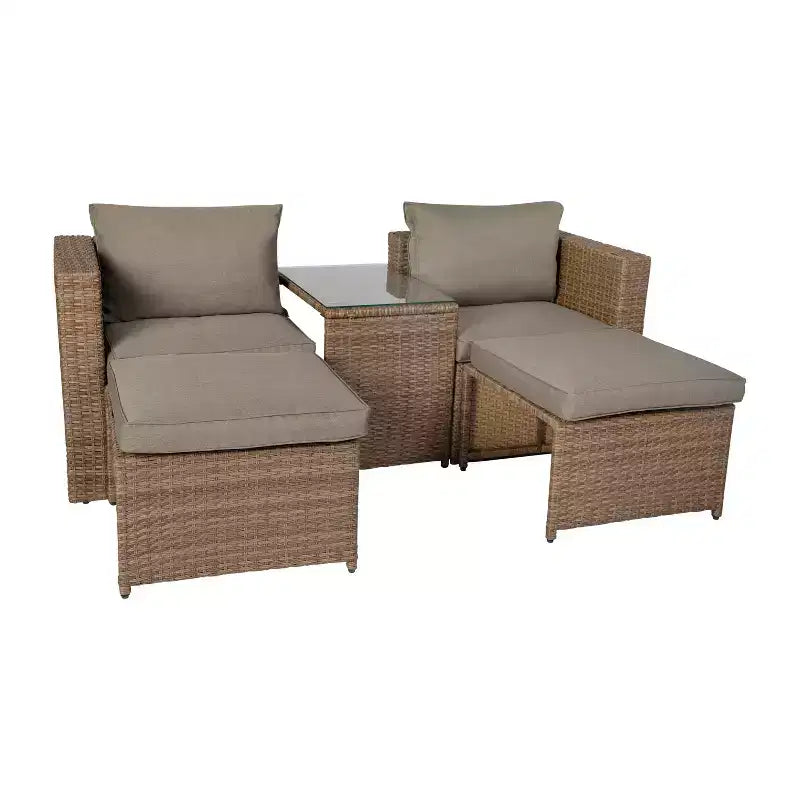 Emma and Oliver Indoor/Outdoor Modular Loveseat Sofa Set with Ottomans and Glass-Top Table