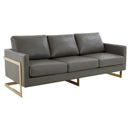 LeisureMod Lincoln Modern Upholstered Leather Sofa with Gold Frame - 83