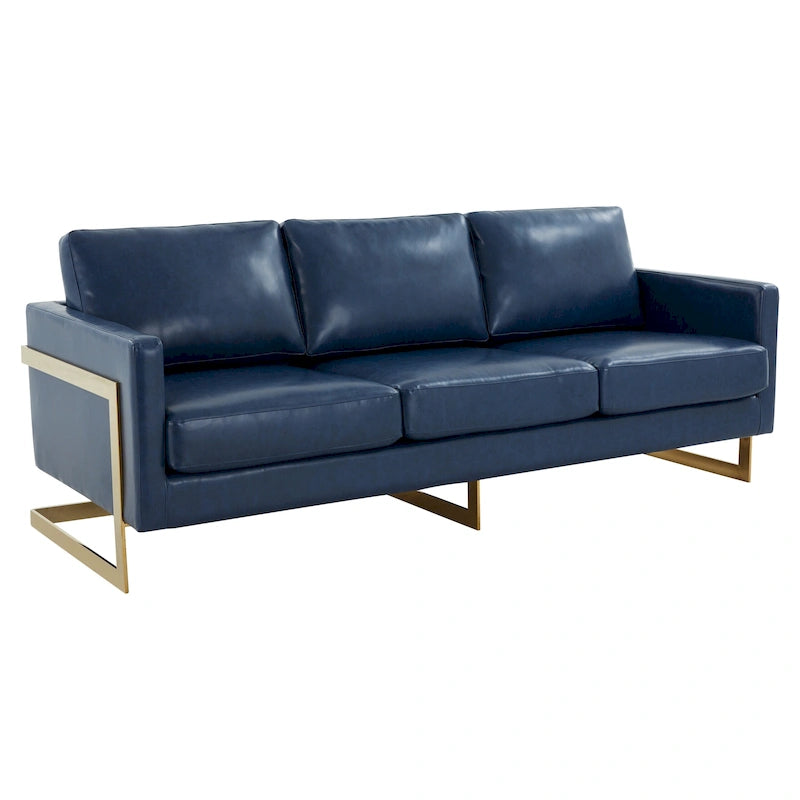 LeisureMod Lincoln Modern Upholstered Leather Sofa with Gold Frame - 83