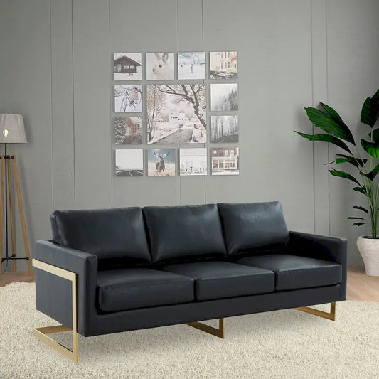 LeisureMod Lincoln Modern Upholstered Leather Sofa with Gold Frame - 83 