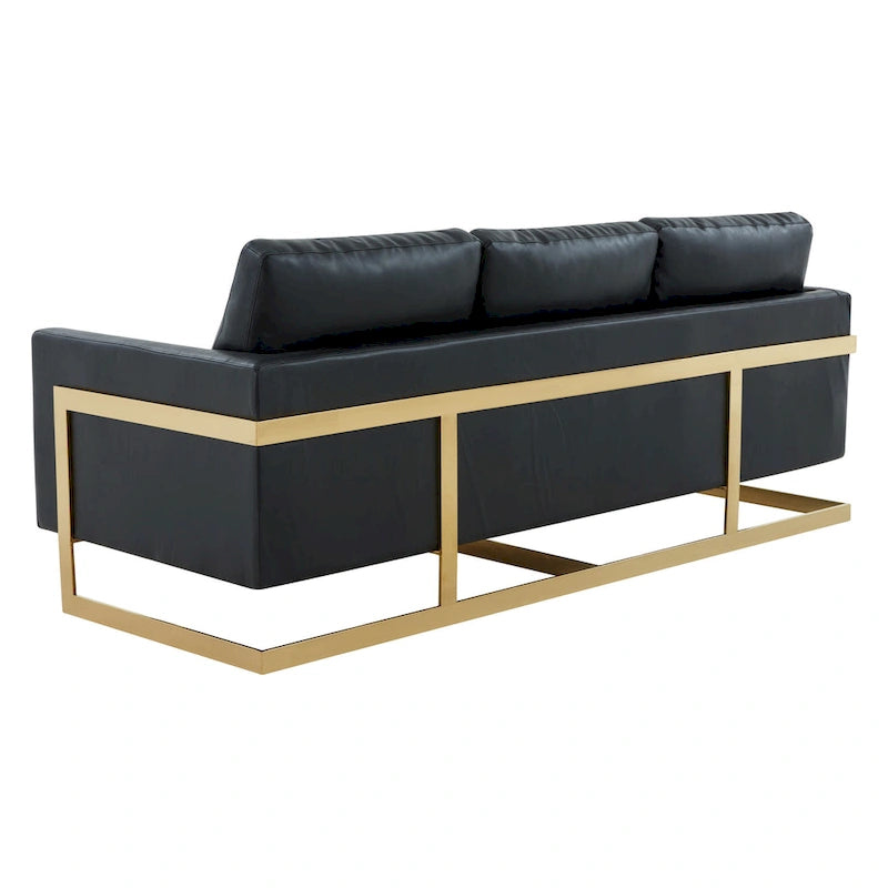 LeisureMod Lincoln Modern Upholstered Leather Sofa with Gold Frame - 83
