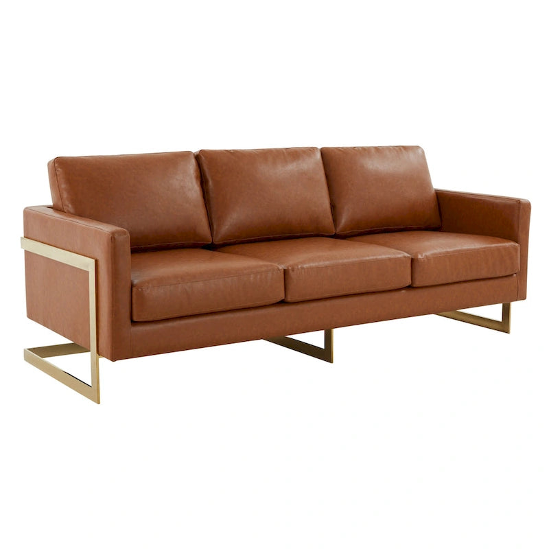 LeisureMod Lincoln Modern Upholstered Leather Sofa with Gold Frame - 83