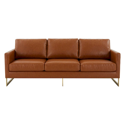 LeisureMod Lincoln Modern Upholstered Leather Sofa with Gold Frame - 83