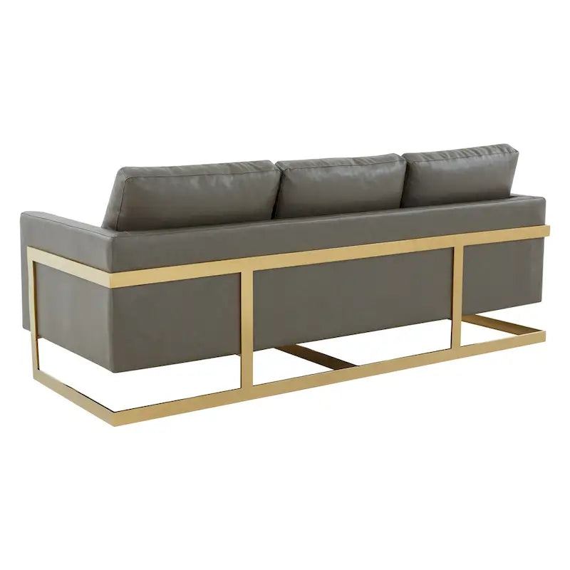LeisureMod Lincoln Modern Upholstered Leather Sofa with Gold Frame - 83
