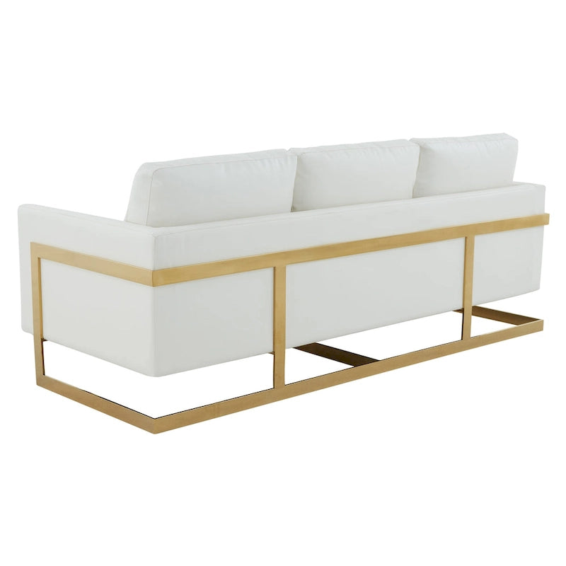 LeisureMod Lincoln Modern Upholstered Leather Sofa with Gold Frame - 83