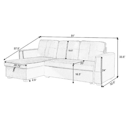 91-in. Velvet Reversible Convertible Storage Sectional/Sofa Sleeper