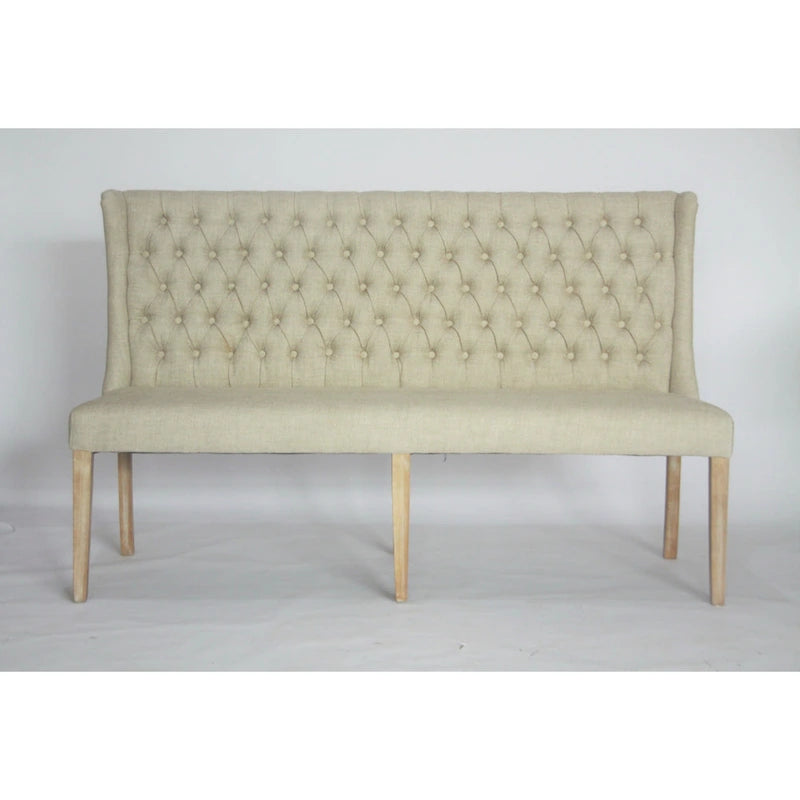 French Tufted Upholstered Dining Banquette Bench (Light Sand Fabric)