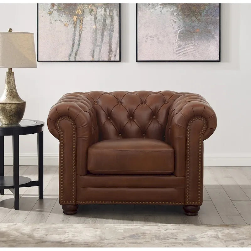 Hydeline Aliso Top Grain Leather Chesterfield Chair with Memory Foam and Springs