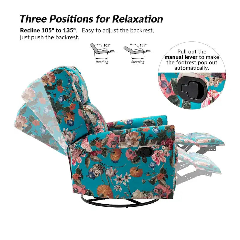 Poltrona reclinabile girevole manuale Leopold in tessuto floreale di transizione con borchie, set da 2 di HULALA HOME