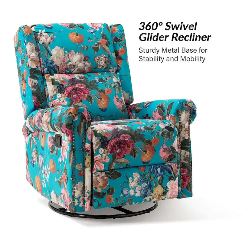 Poltrona reclinabile girevole manuale Leopold in tessuto floreale di transizione con borchie, set da 2 di HULALA HOME
