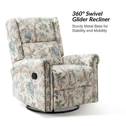 Poltrona reclinabile girevole manuale Leopold in tessuto floreale di transizione con borchie, set da 2 di HULALA HOME