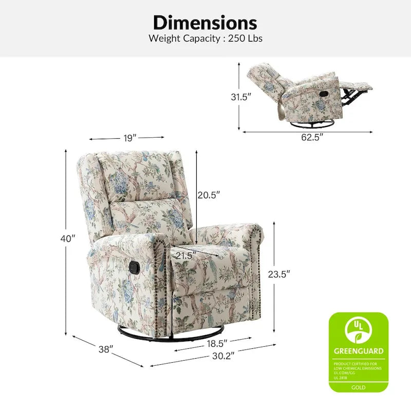 Poltrona reclinabile girevole manuale Leopold in tessuto floreale di transizione con borchie, set da 2 di HULALA HOME