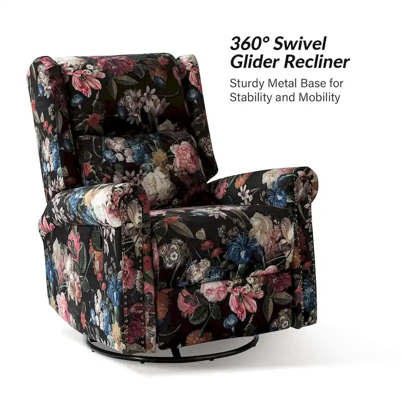 Poltrona reclinabile girevole manuale Leopold in tessuto floreale di transizione con borchie, set da 2 di HULALA HOME
