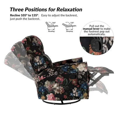 Poltrona reclinabile girevole manuale Leopold in tessuto floreale di transizione con borchie, set da 2 di HULALA HOME