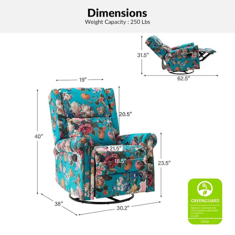 Poltrona reclinabile girevole manuale Leopold in tessuto floreale di transizione con borchie, set da 2 di HULALA HOME