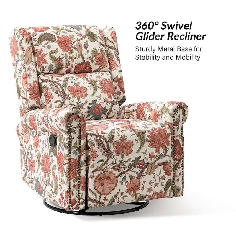 Poltrona reclinabile girevole manuale Leopold in tessuto floreale di transizione con borchie, set da 2 di HULALA HOME