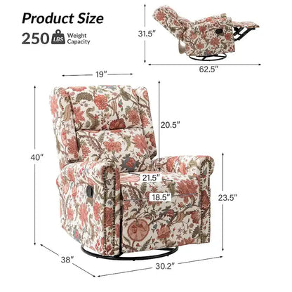 Poltrona reclinabile girevole manuale Leopold in tessuto floreale di transizione con borchie, set da 2 di HULALA HOME