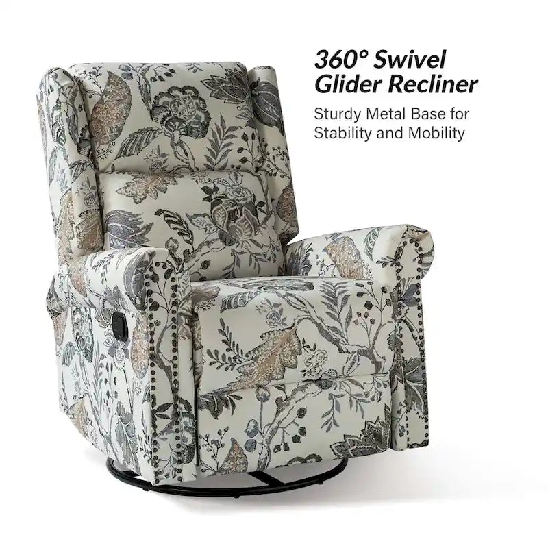 Poltrona reclinabile girevole manuale Leopold in tessuto floreale di transizione con borchie, set da 2 di HULALA HOME