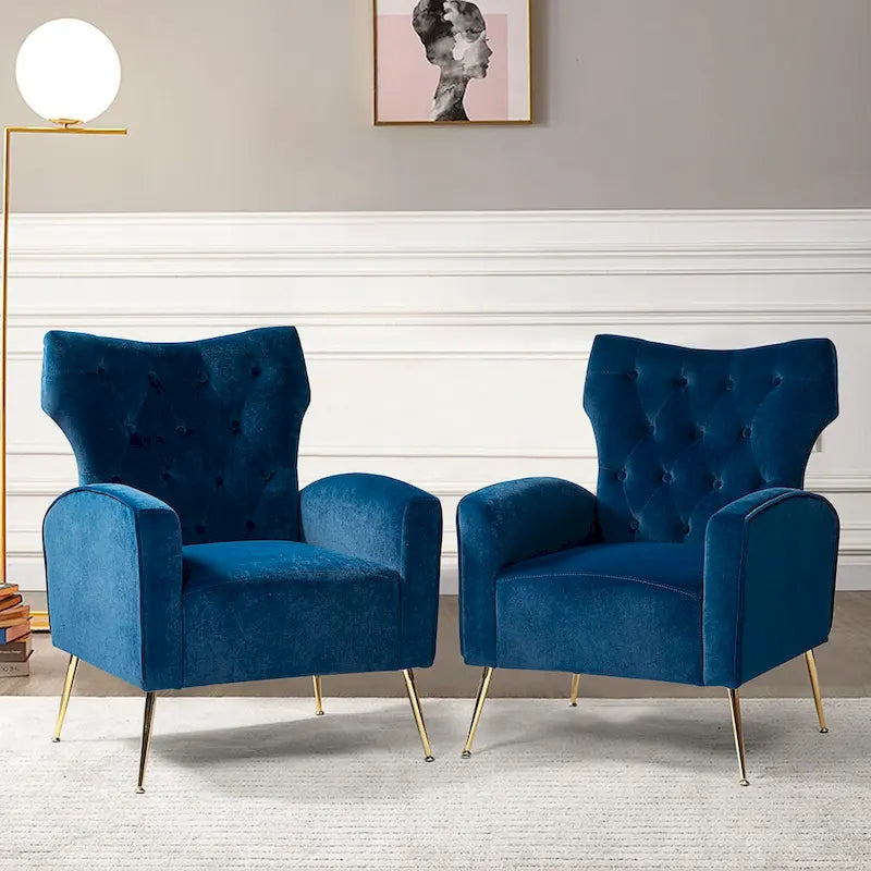 Danita Contemporary Velvet Wingback Tufted Chair With Gold Flared Metal Legs Set Of 2 by HULALA HOME