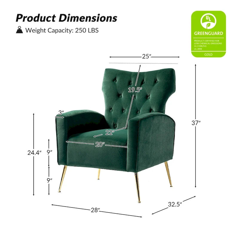 Danita Contemporary Velvet Wingback Tufted Chair With Gold Flared Metal Legs Set Of 2 by HULALA HOME