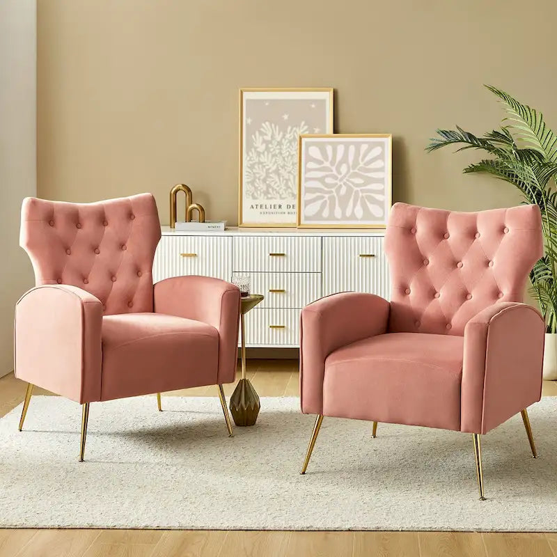 Danita Contemporary Velvet Wingback Tufted Chair With Gold Flared Metal Legs Set Of 2 by HULALA HOME