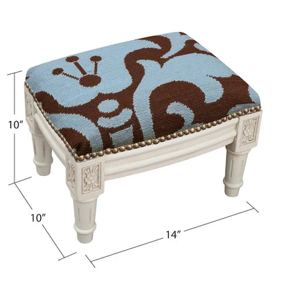 Blue and Brown Damask Floral Needlepoint Footstool